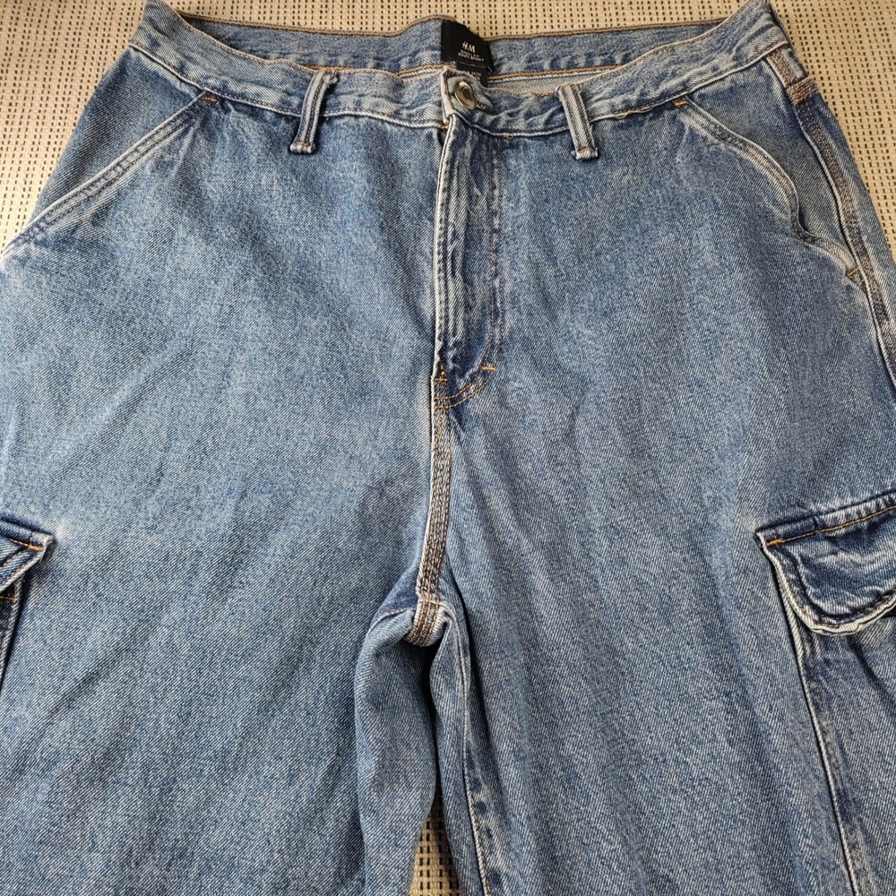 H&M Cargo Jeans Mens 34x32 Blue Baggy Fit Wide Leg Medium Wash Denim Pants